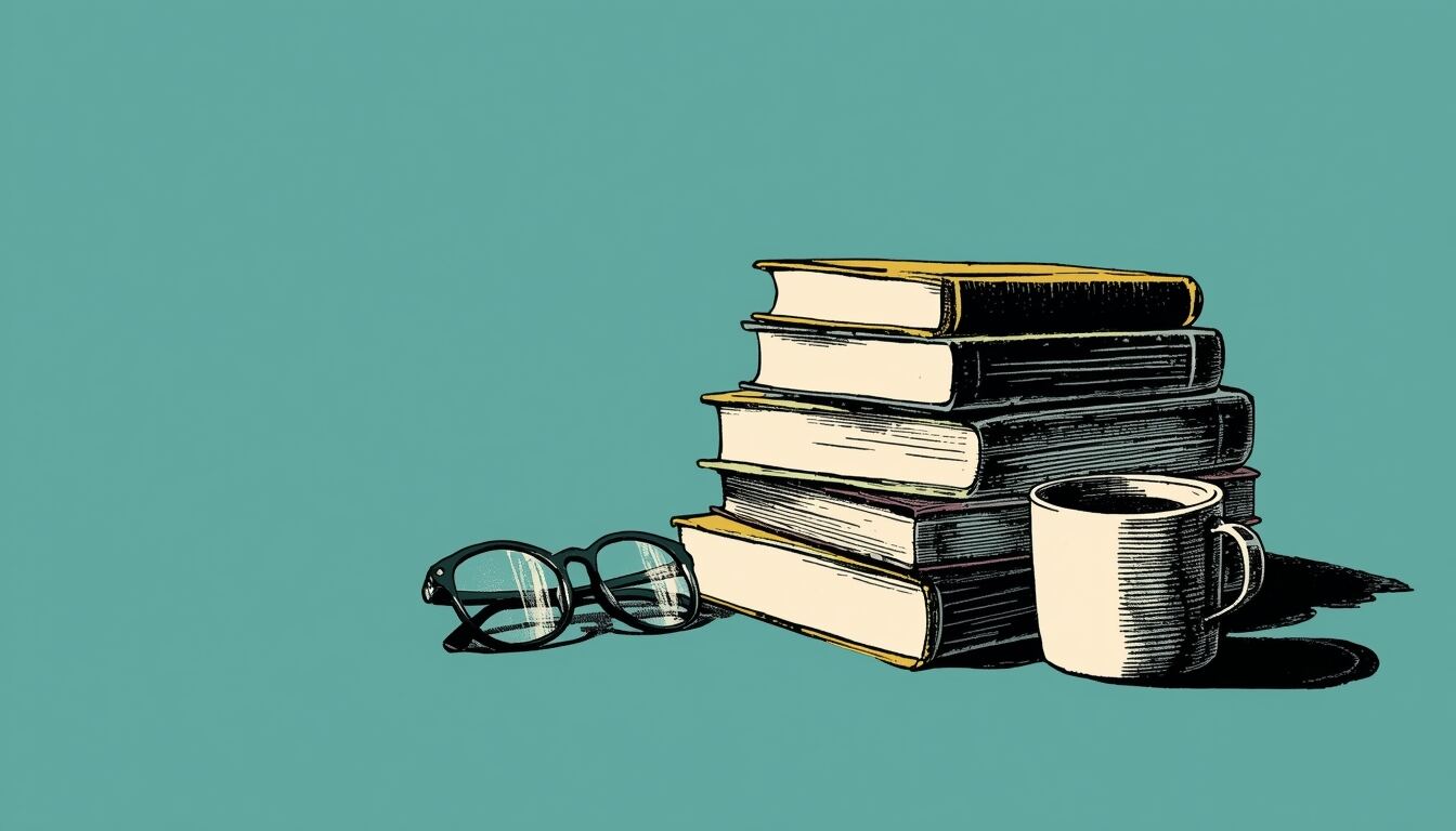 A stack of books with a mug and reading glasses on a teal background.